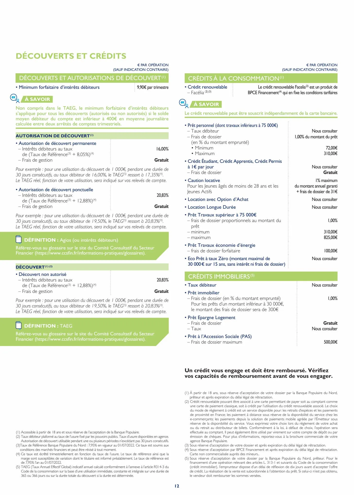 Catalogue Tarifs des operations et services bpnord particuliers 2023, page 00012