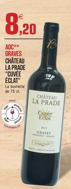 8,20  aoc**  graves château la prade "cuvée éclat" la bouteille de 75 cl.  château la prade  fruit  premore  viger  0  cuvée eclat  logor  palasark)  personnalite  2015 graves bordeaux - france  ????? ??? ??  wot.carnet savo