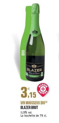 BIO  BLAZER  Blonde B  3,15  VIN MOUSSEUX BIO BLAZER BRUT 11,5% vol. La bouteille de 75 cl.