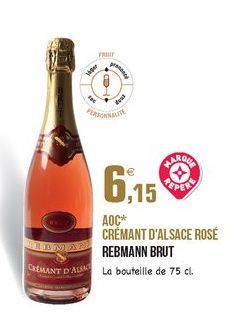 FIT  6,15  PERO  AOC CRÉMANT D'ALSACE ROSE REBMANN BRUT La bouteille de 75 cl.  CREMANT D'ALMO