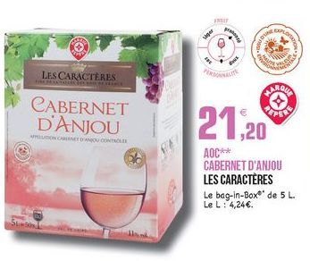 FHLI  ????  OP  *  LES CARACTÈRES  PRADA  CABERNET D'ANJOU  ION CANET DOUCE  AOC CABERNET D'ANJOU LES CARACTÈRES Le bag-in-Box de 5 L. LeL: 4,24.