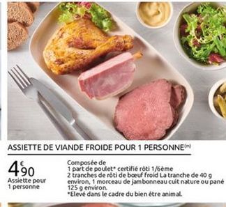 ASSIETTE DE VIANDE FROIDE POUR 1 PERSONNE  Composée de 490 1 part de poulet certifié róti 1/6ème  2 tranches de roti de boeuf froid La tranche de 40 g Assiette pour environ 1 morceau de jambonneau cuit nature ou pane 1 personne 125 g environ  *Elevé dans