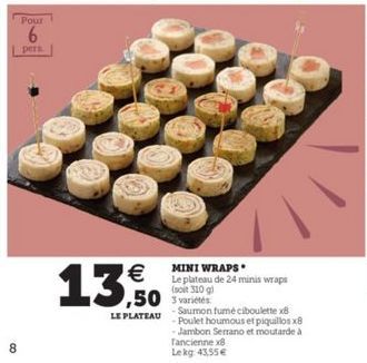 Pour  6  pers    1  MINI WRAPS Le plateau de 24 minis wraps soit 310 G  Saumon fume ciboulette 8 Poulet houmous et piquillos x8 - Jambon Serrano et moutarde à Tancienne 8 Lekg 4355  LE PLATEAU  8