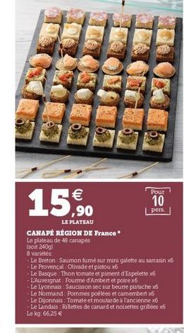 15.%.  Pour  10 90  pers. LE PLATEAU CANAPÉ RÉGION DE France Le plateau de 46 canapés (soit 240g) 8 variétés - Le Breton Saumon fumé sur mini galette au sarrasin xb - Le Provençal Olivade et pistoux  Le Basque Thon tomate et piment d'Espelette x6 - L'Auve