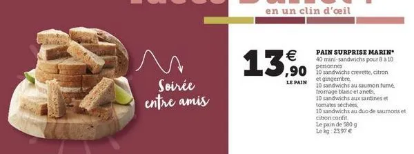 en un clin d'oeil  13,5%.  3.    le pain  soirée entre amis  pain surprise marin 40 mini sandwichs pour 8 a 10 personnes et gingembre, 10 sandwichs au saumon fumé fromage blanc et aneth, 10 sandwichs aux sardines et tomates séchées, 10 sandwichs au duo d