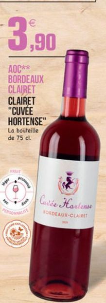 3,90  AOC** BORDEAUX CLAIRET CLAIRET "CUVÉE HORTENSE" La bouteille de 75 cl.  FRUT  property  Ver  Curée Hortense BORDEAUX-CLAIRE  PERSONNAL