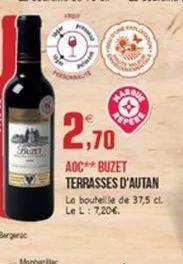 aarden  2,70  st  aoc** buzet terrasses d'autan la bouteille de 37,5 cl le l: 7,20  bergerac