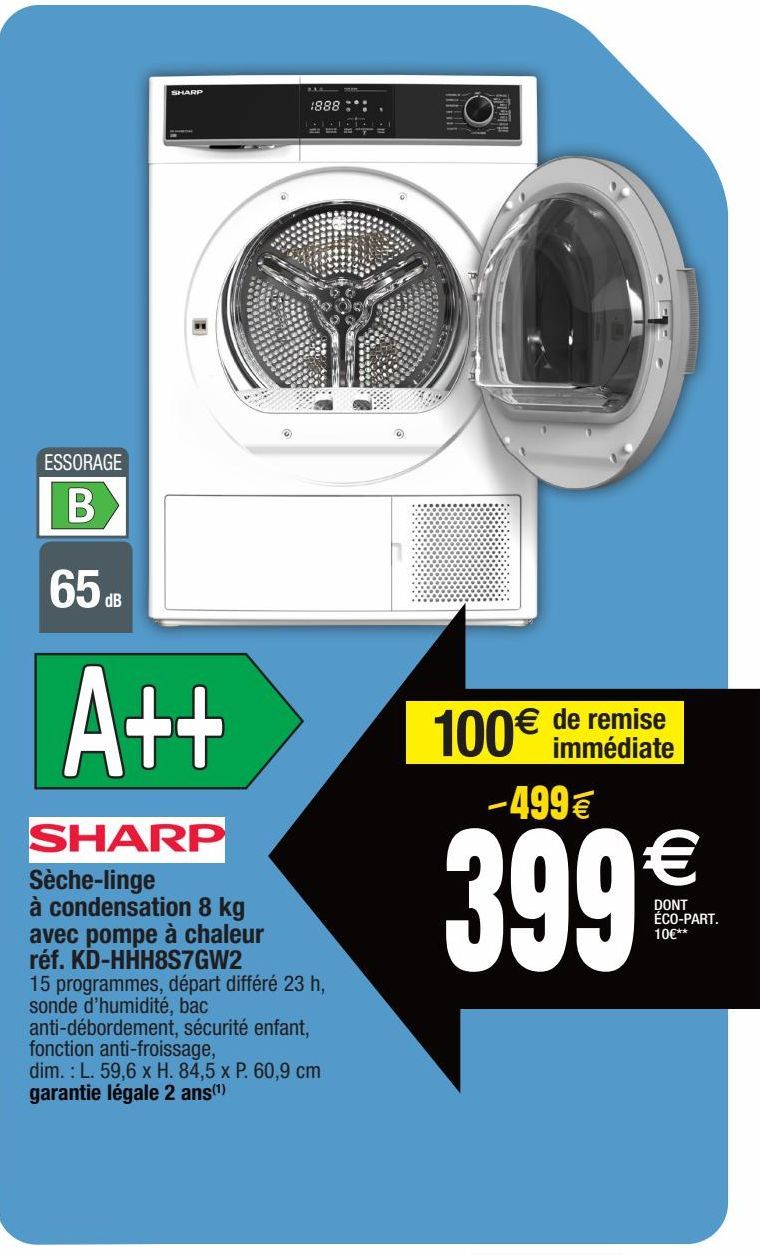 Sèche-linge à condensation Sharp offre à 399€
