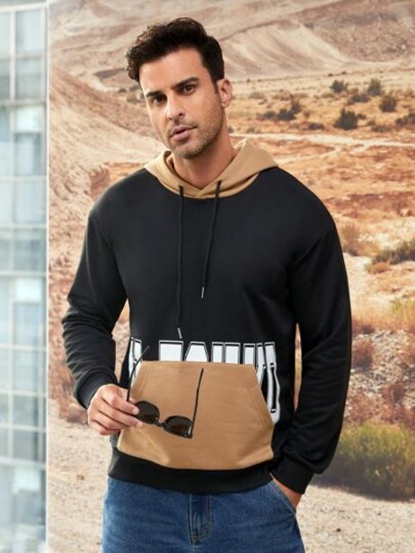Homme Sweat-shirt à capuche à blocs de couleurs et lettre à poche kangourou offre à 6,99€