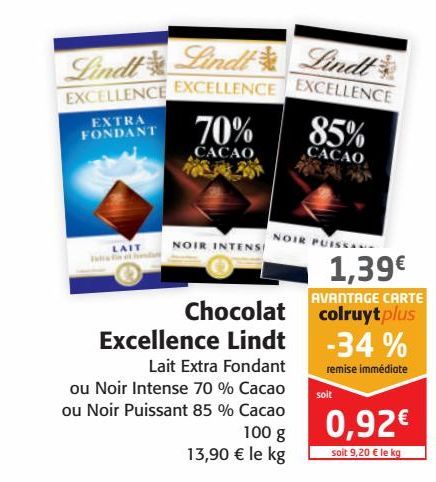 Chocolat excellence Lindt offre à 1,39€