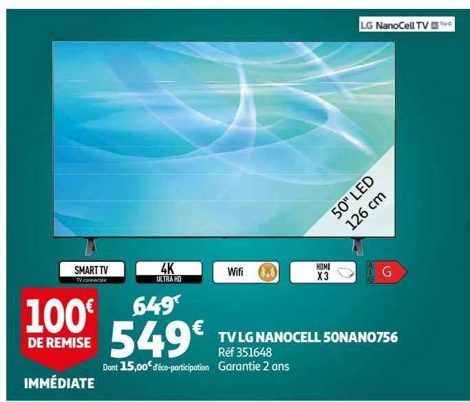 TV LG NANOCELL 50NANO756 offre à 549€
