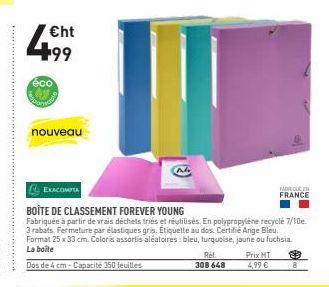 ht  49  eco  nouveau  CELCOM  MORE EN  FRANCE BOITE DE CLASSEMENT FOREVER YOUNG Fabriquée à partir de vrais déchets tries et réutilisés. En polypropylene recyclé 7/10e. 3 rabats. Fermeture par élastiques gris. Etiquette au dos. Certifié Ange Bleu. Format