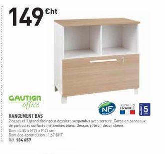 ht  GAUTIER office  NF FRANCE 15 RANGEMENT BAS 2 cases et grand tiroir pour dossiers suspendus avec serrure. Corps en panneaux de particules surfaces mélaminés blanc. Dessus et tiroir décor chene. Dim. L 80 x H 791 P 42 cm. Dont éco-contribution: 1.67 EH