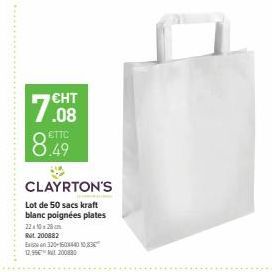 7.08  ETTC  CLAYRTON'S Lot de 50 sacs kraft blanc poignées plates 22:10:23 cm Ret 200882 B320-1500 0.83 2.99E200320