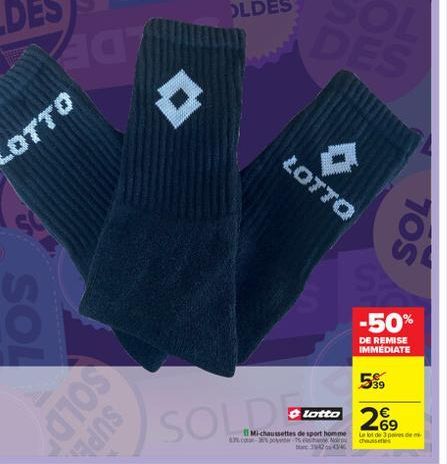 LOTTO  TOS  -50%  DE REMISE IMMEDIATE  559  SOLD  lotto  SUPA  SOLD  chaussettes de sport homme C.  de 3