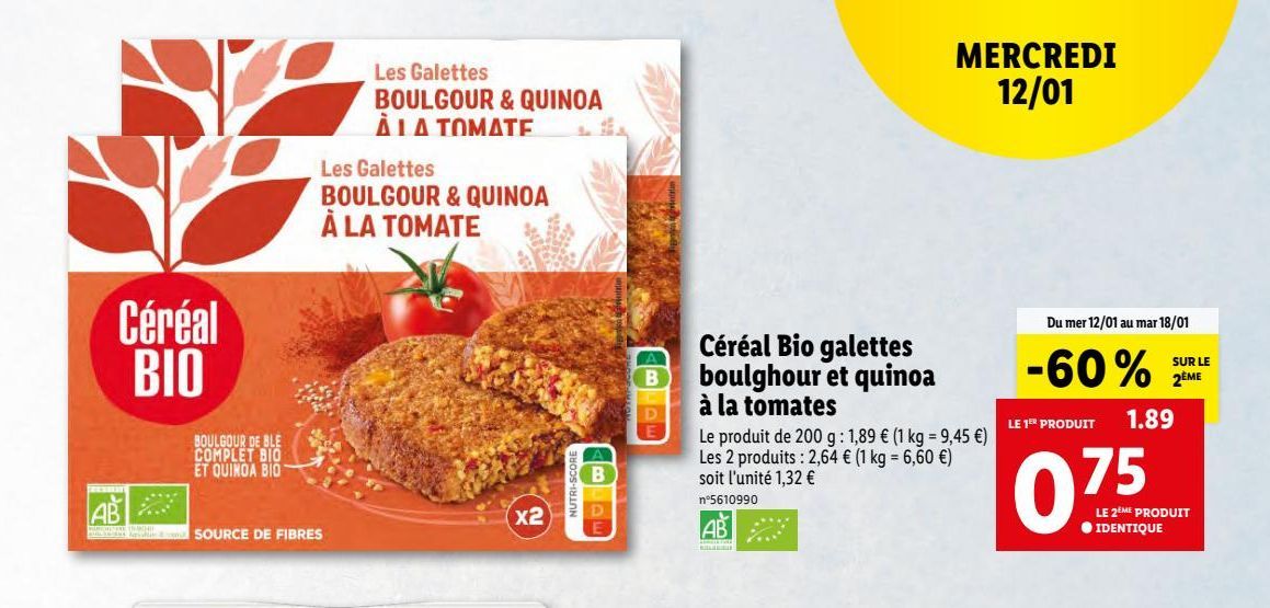Céréales bio galettes boulghour et quinoa a la tomates offre à 0,75€