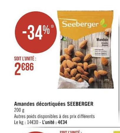 Amandes decortiquees Seeberger offre à 2,86€