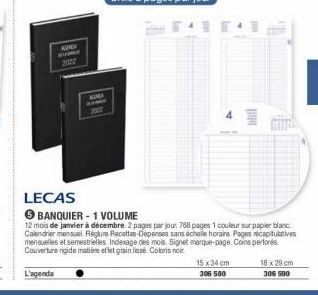 AN  2  LECAS  BANQUIER - 1 VOLUME 12 mois de janvier à décembre 2 pages par jour. 788 pages 1 couleur sur papier blanc Calendrier mensuel Roglu Recettes Dépenses sans chale horaire Pages capitulatives mensuelles et semestrielles Indexage des mois. Signet