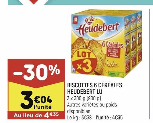 BISCOTTES 6 CÉRÉALES HEUDEBERT LU offre à 3,04€