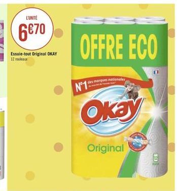 L'UNITE  6670  OFFRE ECO  Essuie-tout Original OKAY 12 muleaux  des marques nationale  N°1  Okay  Original