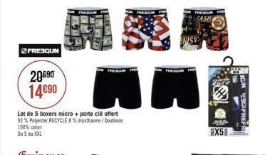 FREEGUN  20690 14090  BCN 3 FREF  Lot de 5 boxers micro + porte clé offert 92% Polyester RECYCLE 8% elasthanne/Doublure 100% coton Du XXL  2X5