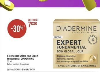 SOIT L'UNITE:  7838  -30%  DIADERMINE  LABORATOIRES NOUVEAU  95 EXPERT FONDAMENTAL SOIN GLOBAL JOUR Regenere. Revitalise Raffermit. Nourrit Avec une enzyme réparatrice d'AON PEAUX MATURES ET EXIGEANTES