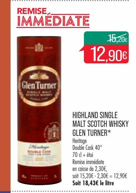 Highland single malt scotch whisky Glen Turner offre à 12,9€