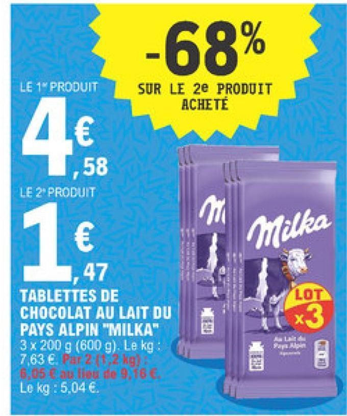 Tablette de chocolat au lait du pays alpin Milka