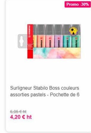 Promo -30%  STANO  HAVAS  STAT  STAR  START  MOVES  Surligneur Stabilo Boss couleurs assorties pastels - Pochette de 6  6,05  ht 4,20  ht