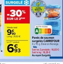 QUALITE  Vendused  NUT SCORE  Lekg: 2452  L2    693  Pavés de saumon surgelés CARREFOUR 4x 115 g Eleve en Norvège Soit les 2 produits : 16,83  - Solt le kg: 18,29  Au rayon Surgelés