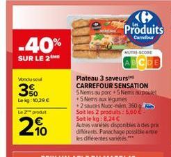 Produits  Carrefour  -40%  NUTRI SCORE ABCDE  SUR LE 2  Vondusu  36  Plateau 3 saveurs CARREFOUR SENSATION Nems au porc 5Nemis au poi +5 Nems augmes  2 sauces Nooc-mám 360 Soit les 2 produits: 5,60 Soit le kg:8,246 Autres varetes disponibles a despre dif