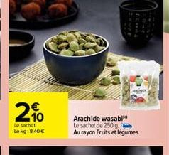   210  Le sachet Le kg: 8.40  Arachide wasabi Le sachet de 250 g Au rayon Fruits et légumes