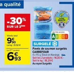 V  EVEN QUALUTE  -30%  SUR LE 2M  Vendu soul  9  90 Lokg: 21526 Le produit  NUTRE-SCORE  ABDE SURGELÉ 88 Pavés de saumon surgeles CARREFOUR 4x1159Blevé en Norvege. Soltles 2 produits : 16,83 . Soit te kg :18.29 Au rayon Surgelés  693