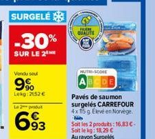 QUALITE  Vendused  NUT SCORE  Lekg: 2452  L2    693  Pavés de saumon surgelés CARREFOUR 4x 115 g Eleve en Norvège Soit les 2 produits : 16,83  - Solt le kg: 18,29  Au rayon Surgelés