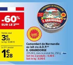 BUENORMANCE  CANEAMER  GRAINDORBE  -60% SUR LE 2M  Vendused  32.  te kg: 0.80   te od  1  NO  Camembert de Normandie au lait cru A.O.P. E. GRAINDORGE 20% MG, dans le prodatin, 250 g. Soit les 2 produits : 4.48 - Solt Solg:8,96