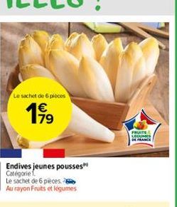 Le sachet de 6 ploces  179  WR  FRUITS LEGRINES OCTOARE  Endives jeunes pousses Catégorie Le sachet de 6 pieces Au rayon Fruits et légumes