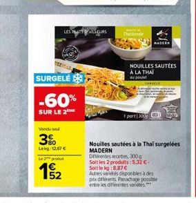 LES PLATS D'ALLEURS  The  BADERS  NOUILLES SAUTEES A LA THAI au poulet  SURGELES  -60%  SUR LE 2  Vanduse  36  Lekg 12,67  Le pret  Nouilles sautées à la Thai surgelées MADERN Dienos recettes, 200g Soit les 2 produits :5,32c-Soitlog : 8,87 Autres varete