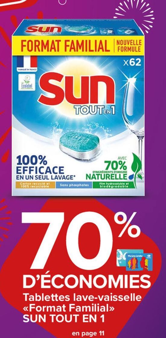 70% d´economies tablettes lave-vaisselle Format Familial SUN TOUT EN 1