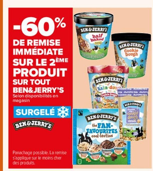 -60% de remise immediate sur le 2eme produit sur tout Ben & jerry´s