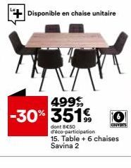 Disponible en chaise unitaire  dont 8650  COUNEN d'éco participation 15. Table + 6 chaises Savina 2