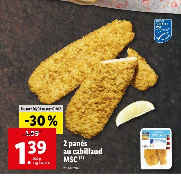 2 panes au cabillaud MSC offre à 1,39€