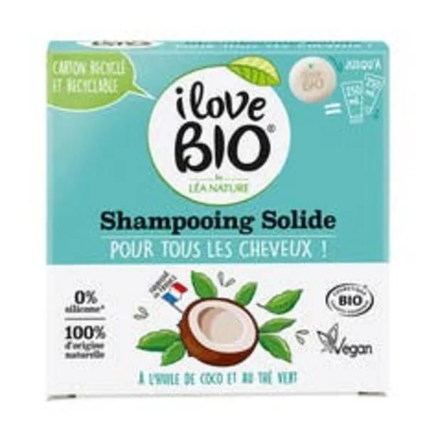 i love bio shampooing solide pour tous les cheveux, à l'huile de coco & thé vert