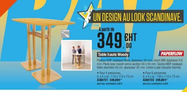 AMES  349.  UN DESIGN AU LOOK SCANDINAVE. A partir de  ???  00 Table haute Woody  PAPERFLOW Plateau MDF replaqué hétre, épaisseur 20 mm, chant ABS épaisseur 0,8 mm. Pieds bois massif vernis section 50 x 50 mm Sodes MDF replaqué hêtre diametre 50 cm, épai