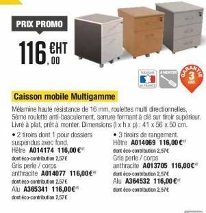 PRIX PROMO  116.CHT  Home  Caisson mobile Multigamme Mélamine haute résistance de 16 mm, roulettes multi directionnelles, Seme roulette anti-basculement, serrure fermant à clé sur tiroir supérieur. Livré à plat, prêt à monter. Dimensions (L xhxp): 41 x 56