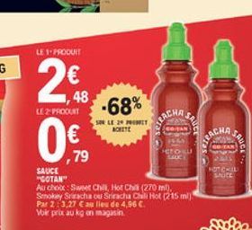 LE PRODUIT  2 0  -68%  48 LE PROON    SR  LE 2 PINE NORITE  RACHE  CBAN  SBACH  SAL  E FAR  79  SCO SE  WKI SALICE  SAUCE COTAN Aldo Switch, Hot Cha (270 ml) Snoby Skladou Sriracha  Chali Ho 15 ml) Par 2:3,27 Calle de 4,96 . Voir prix au kg en magasin