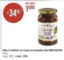 1895 -34%"  occiolat  Påte a Tartiner au cacao et noisettes Bio NOCCIOLATA 270 Leke: 7022 - L'unit:: 2015