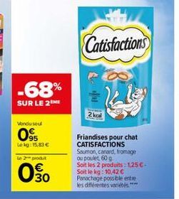 Catisfactions  -68%  SUR LE 2 ME  2 kcal  Vondu sou  0  Lokg: 15.83  LOOR    Friandises pour chat CATISFACTIONS Soomon, canard, fromage ou poulet 609 Soit les 2 produits : 1250-Soit le kg: 10,42  Panachage possible entre les différentes voltes. **  30