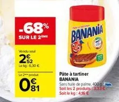 -68%  sur le me  banania  vood soul  252  lei 6.30   le produit    ost  påte à tartiner banania sons huile de palme, 400g soit les 2 produits : 33 soit le kg: 416