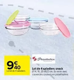pasabahce  90    lot de 4 saladiers snack 014 16, 20123 cm. en verre avec couvercles couleurs en polyethylene  lelote 4 sacies