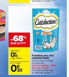 Catisfactions  -68%  SUR LE 2 ME  2 kcal  Vondu sou  0  Lokg: 15.83  LOOR    Friandises pour chat CATISFACTIONS Soomon, canard, fromage ou poulet 609 Soit les 2 produits : 1250-Soit le kg: 10,42  Panachage possible entre les différentes voltes. **  30